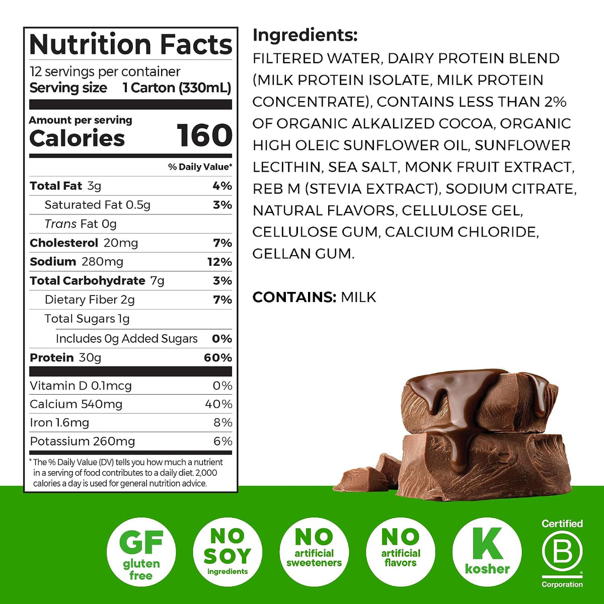 Orgain 30g High Protein Dairy Shake, 5g BCAAs, Chocolate, 11 oz, 12pk