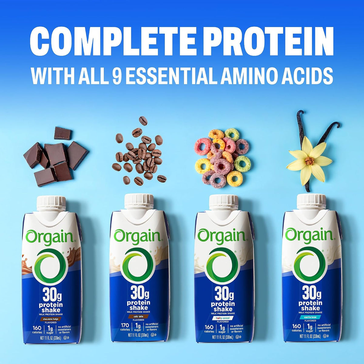 Orgain 30g High Protein Dairy Shake, 5g BCAAs, Chocolate, 11 oz, 12pk